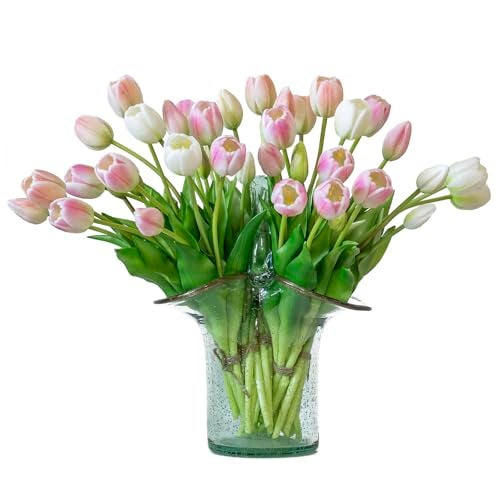 DUYONE 40pcs Artificial Tulips Flowers Latex BouquetFake Tulips for Office Wedding Party Home Kitchen Garden DecorationB Peach Pink Set - Image 1