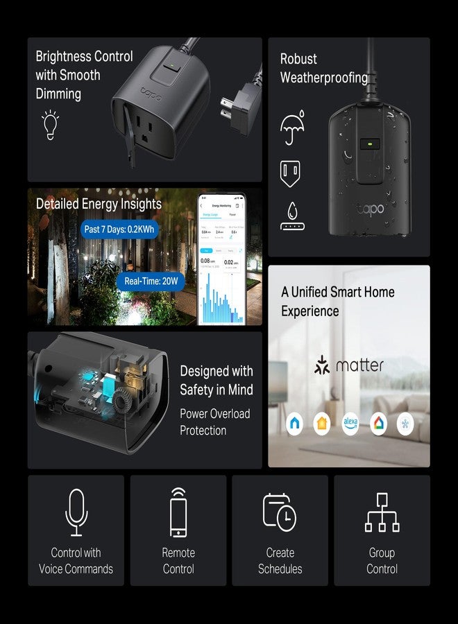 tapo قابس ذكي خارجي Tapo للتحكم في إضاءة الهواء الطلق، متوافق مع Matter، تحكم عبر التطبيق، مقاوم للطقس IP65، يعمل مع Siri وAlexa وGoogle، معتمد من ETL، مراقبة الطاقة، 150 واط LED/CFL، يعمل فقط على WiFi 2.4GHz، P430M - Image 2