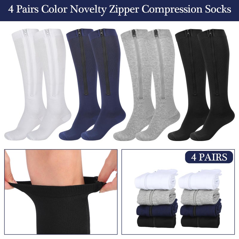 Tarpop 4 Pairs Men Zipper Compression Socks Colorful 20-30mmhg Compression Stockings with Zipper for Men Women Swelling Edema (3xl,Classic Color) - Image 2