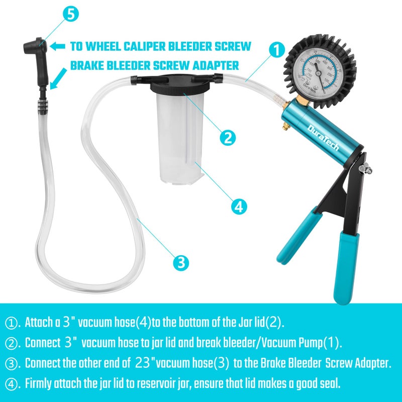 DURATECH 2 in 1 Brake Bleeder Kit, Brake Fluid Bleeder Kit with Metal Handheld Vacuum Pump, Ideal for Automotive, Organized in Portable Case - Image 5
