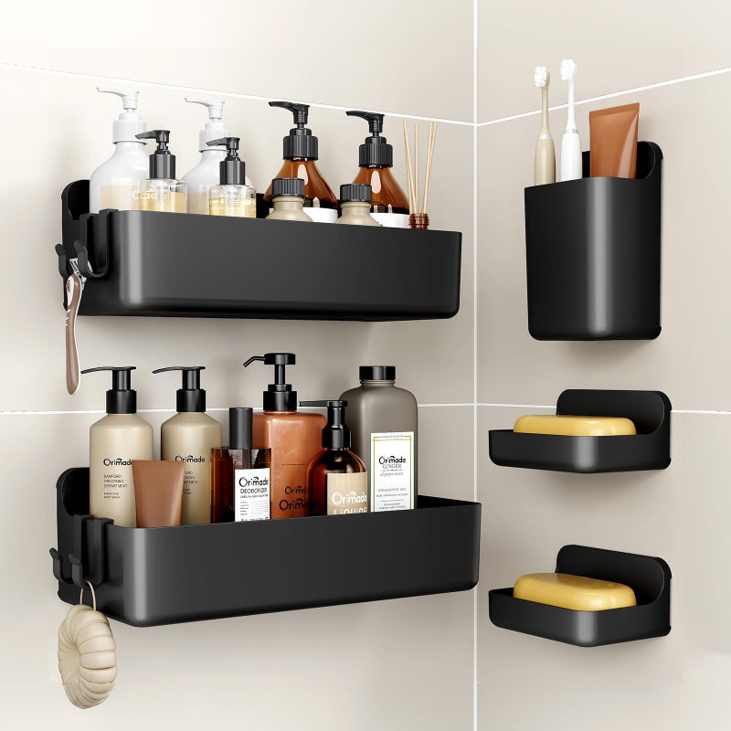 Orimade Shower Caddy 5-Pack, No-Drill Adhesive Shelves for Bathroom, Rustproof ABS Storage Organizer Set, Black - Image 1