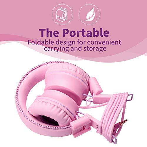 POWMEE M2 Kids Headphones Wired Headphone for Kids,Foldable Adjustable Stereo Tangle-Free,3.5MM Jack Wire Cord On-Ear Headphone for Children/Teens/Girls/School/Kindle/Airplane/Plane/ (Pink) - Image 4