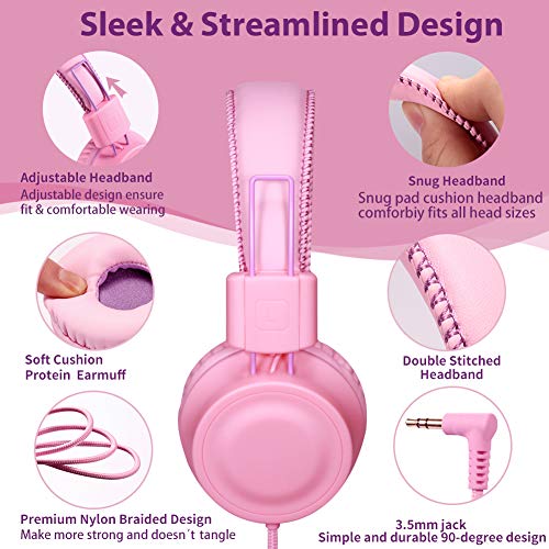 POWMEE M2 Kids Headphones Wired Headphone for Kids,Foldable Adjustable Stereo Tangle-Free,3.5MM Jack Wire Cord On-Ear Headphone for Children/Teens/Girls/School/Kindle/Airplane/Plane/ (Pink) - Image 2
