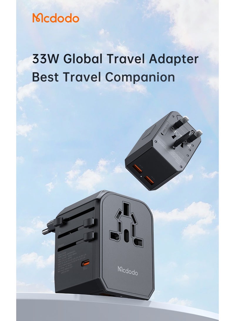 مكدودو McDodo محوّل سفر عالمي، شحن سريع 33W PD، منفذ USB-C + منفذان USB-A + مقبس AC، قوابس UK/US/EU/AU، أكثر من 200 دولة، QC3.0، أسود، CP-4290 - Image 2