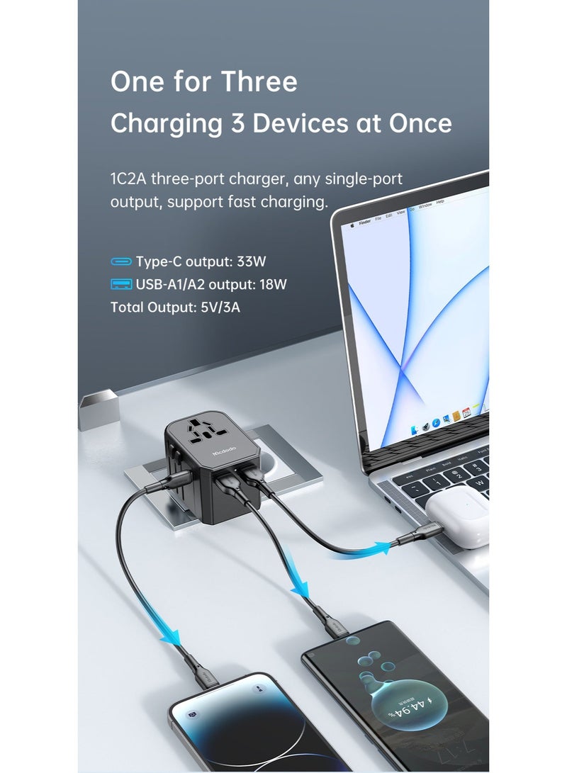 مكدودو McDodo محوّل سفر عالمي، شحن سريع 33W PD، منفذ USB-C + منفذان USB-A + مقبس AC، قوابس UK/US/EU/AU، أكثر من 200 دولة، QC3.0، أسود، CP-4290 - Image 4