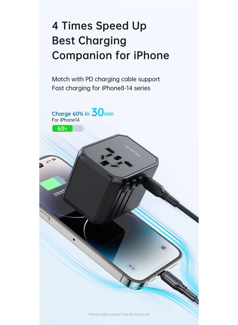 مكدودو McDodo محوّل سفر عالمي، شحن سريع 33W PD، منفذ USB-C + منفذان USB-A + مقبس AC، قوابس UK/US/EU/AU، أكثر من 200 دولة، QC3.0، أسود، CP-4290 - Image 5