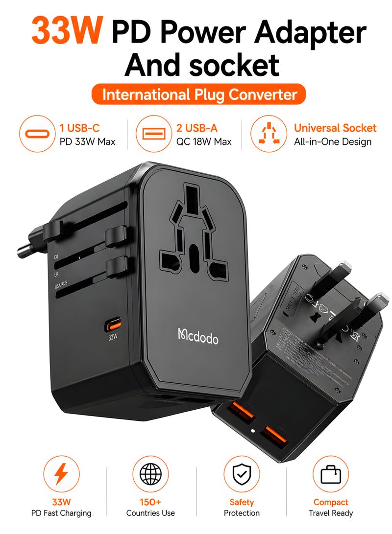 McDodo Universal Travel Adapter, 33W PD Fast Charging, 1 USB-C + 2 USB-A + AC Socket, UK/US/EU/AU Plugs, 200+ Countries, QC3.0, Black, CP-4290 - Image 1