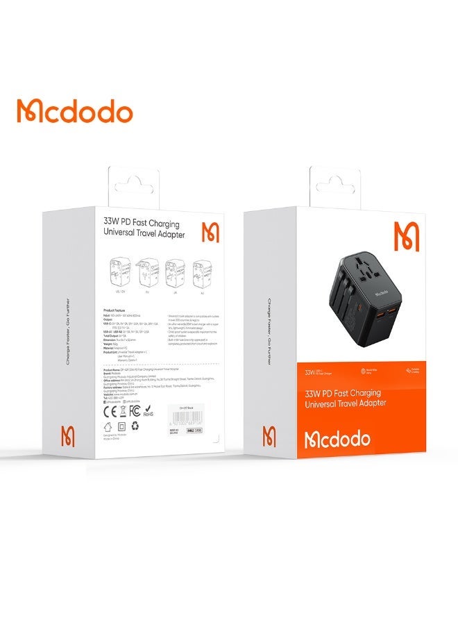 McDodo Universal Travel Adapter, 33W PD Fast Charging, 1 USB-C + 2 USB-A + AC Socket, UK/US/EU/AU Plugs, 200+ Countries, QC3.0, Black, CP-4290 - Image 2