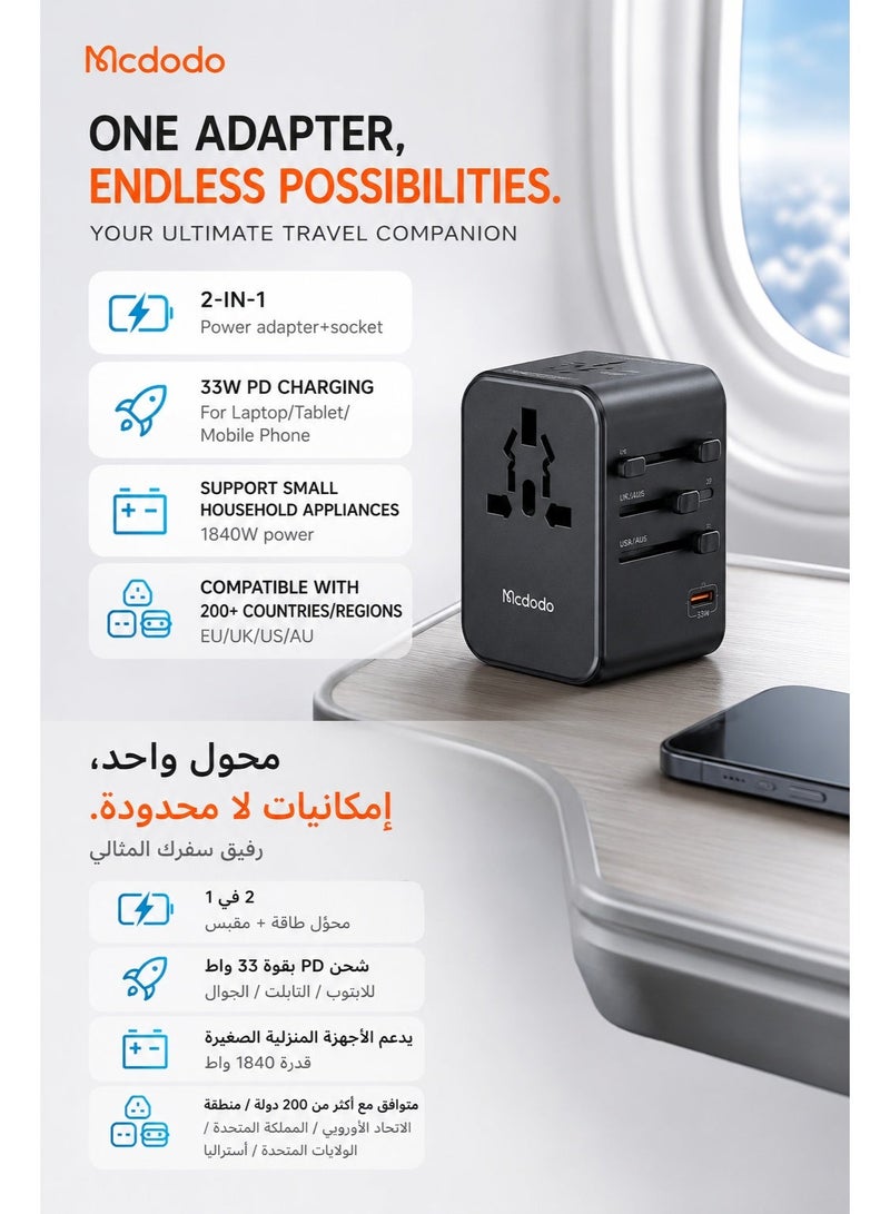 McDodo Universal Travel Adapter, 33W PD Fast Charging, 1 USB-C + 2 USB-A + AC Socket, UK/US/EU/AU Plugs, 200+ Countries, QC3.0, Black, CP-4290 - Image 3