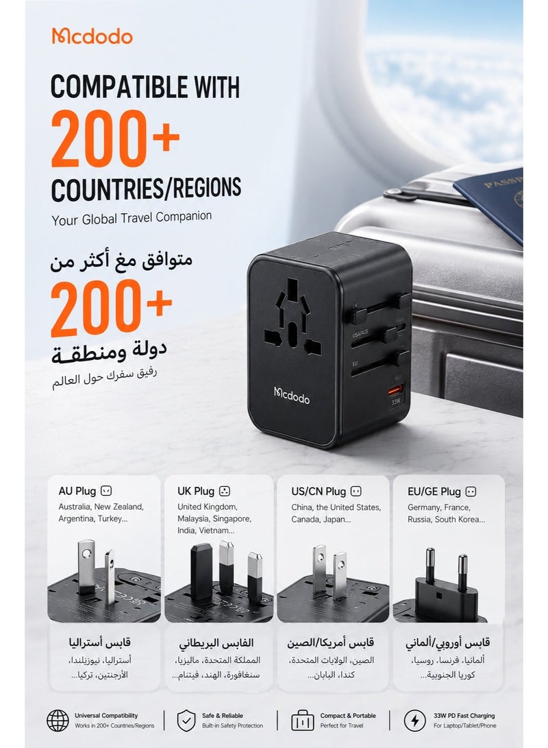 McDodo Universal Travel Adapter, 33W PD Fast Charging, 1 USB-C + 2 USB-A + AC Socket, UK/US/EU/AU Plugs, 200+ Countries, QC3.0, Black, CP-4290 - Image 4