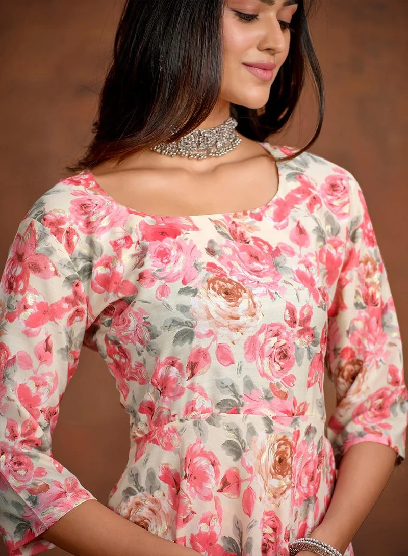 ISHIN Women's Peach Cotton Blend Printed Tunic Full Length Casual Regular Fit Kurta Set