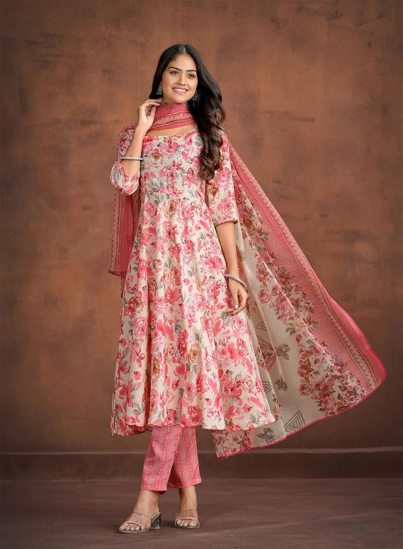 ISHIN Women's Peach Cotton Blend Printed Tunic Full Length Casual Regular Fit Kurta Set