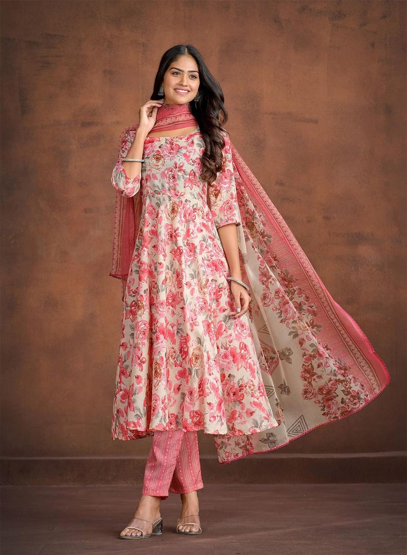 ISHIN Women's Peach Cotton Blend Printed Tunic Full Length Casual Regular Fit Kurta Set - Image 1