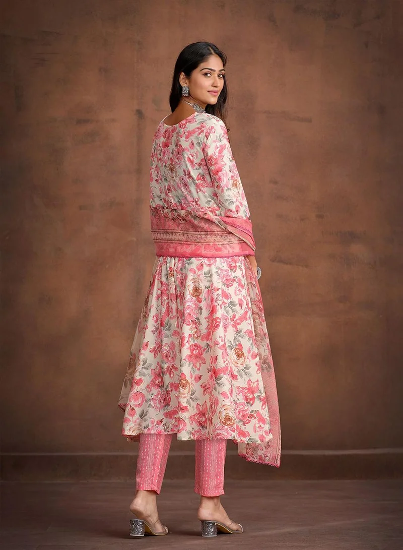 ISHIN Women's Peach Cotton Blend Printed Tunic Full Length Casual Regular Fit Kurta Set
