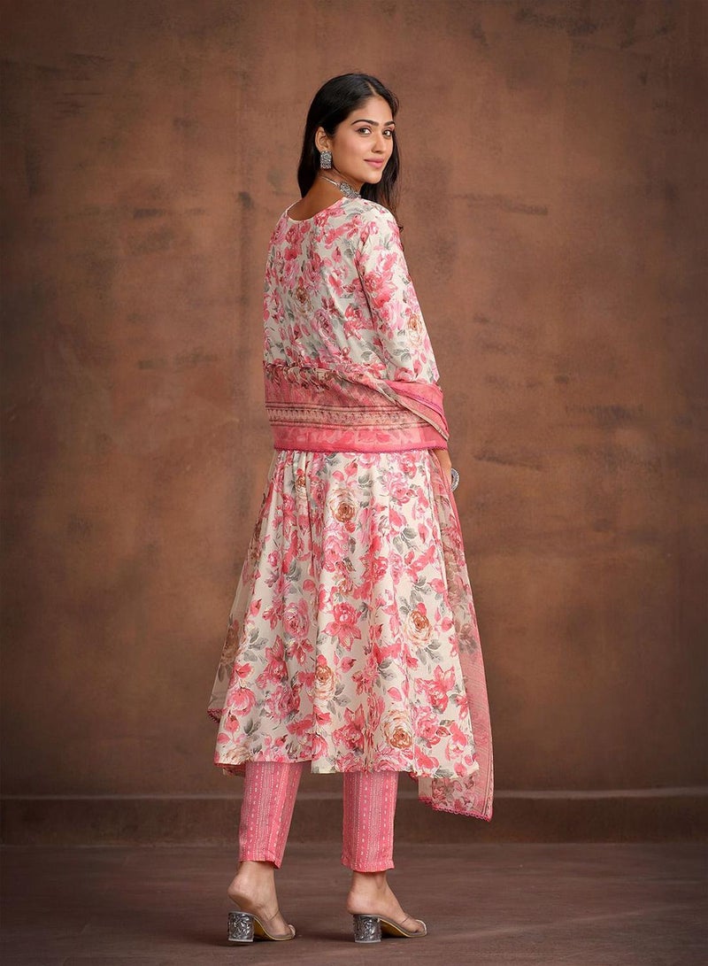 ISHIN Women's Peach Cotton Blend Printed Tunic Full Length Casual Regular Fit Kurta Set - Image 5