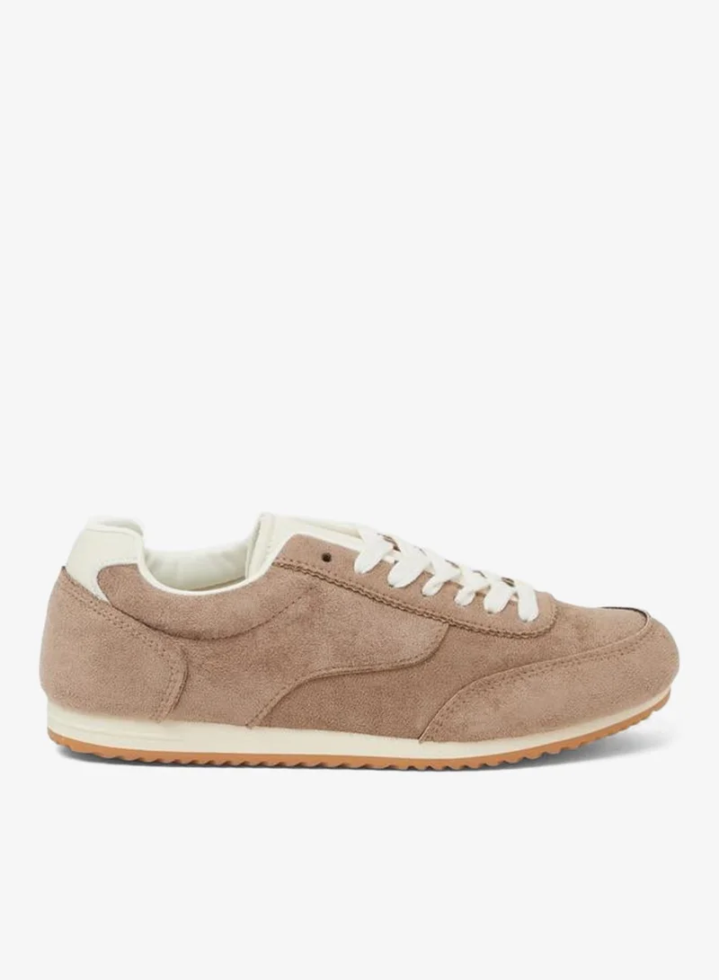 Styli Beige Suede-Look Lace Up Sneakers