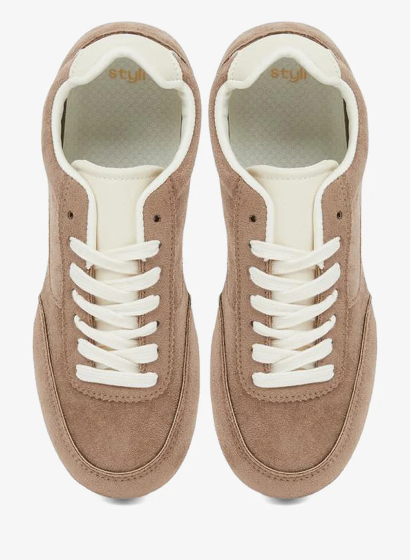 Styli  Beige Suede-Look Lace Up Sneakers for Women | Best Price UAE