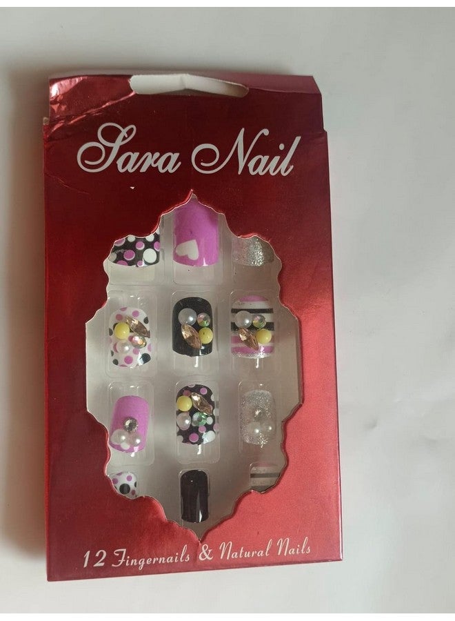 Pmw - Multicolour 3D Artificial Nails - Matte Finished Design With Glitter And Stones - Pack Of 12 - Image 3