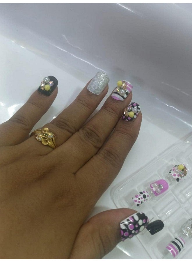 Pmw - Multicolour 3D Artificial Nails - Matte Finished Design With Glitter And Stones - Pack Of 12 - Image 2