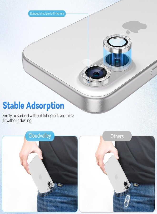 CloudValley for iPhone 16/ iPhone 16 Plus/iPhone 17 Camera Lens Protector Bling, [Glitter Decoration] Ultra-HD Tempered Glass Cover, Metal Lens Screen Protective Ring Accessories,Glitter White - Image 5