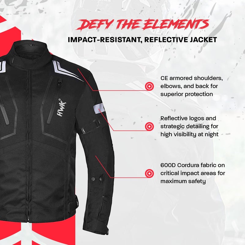 HWK Scorpion Motorcycle Jacket for Men & Women, Motorcycle Gear with Body Armor Foam Padding and Breathable Cordura Fabric, Reflective Motor Bike Jacket for Improved Night Visibility - Black, Large - Image 3