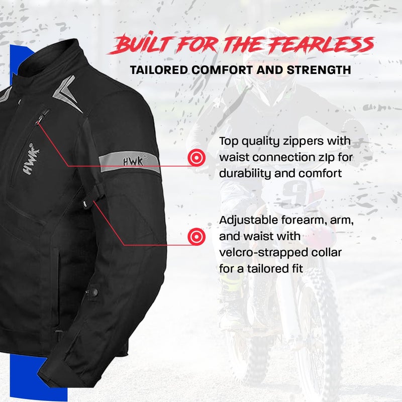 HWK Scorpion Motorcycle Jacket for Men & Women, Motorcycle Gear with Body Armor Foam Padding and Breathable Cordura Fabric, Reflective Motor Bike Jacket for Improved Night Visibility - Black, Large - Image 4