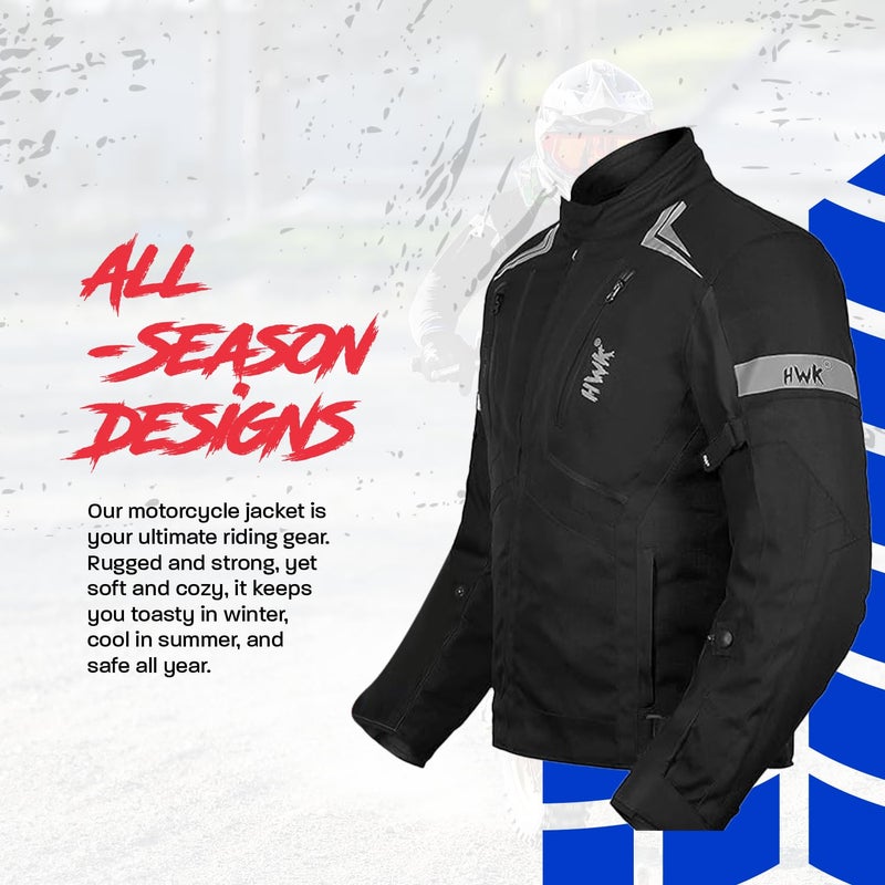 HWK Scorpion Motorcycle Jacket for Men & Women, Motorcycle Gear with Body Armor Foam Padding and Breathable Cordura Fabric, Reflective Motor Bike Jacket for Improved Night Visibility - Black, Large - Image 2