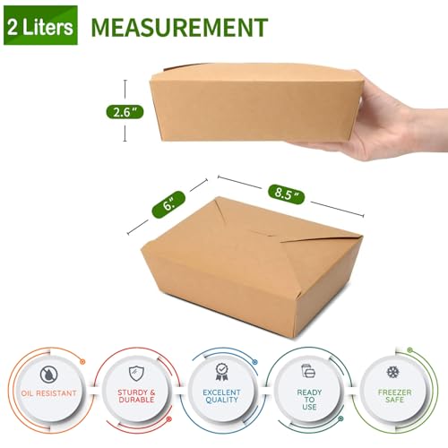 Aakriti Paper Take Out paper boxs 8.5" x 6" x 2.6" - Kraft Lunch Meal Food Packing Boxes, paper box to Go Packaging, Microwave Safe, Leak Grease Resistant for Restaurant, Catering (Pack of 25) - Image 2