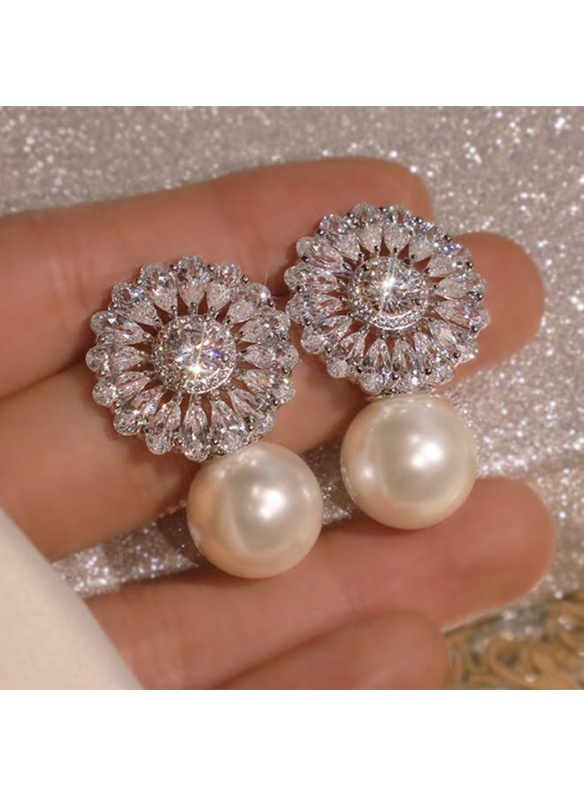 Cao Shi Baroque New Exquisite Flower Zircon Imitation Pearl Earrings Women Sweet Bride Engagement Dinner Jewelry 