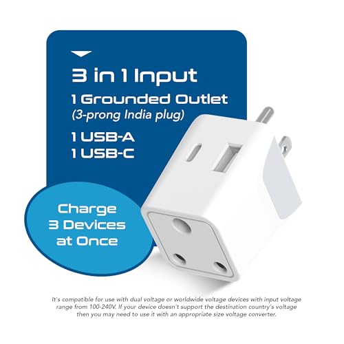 Ceptics India to USA Converter Plug, Travel Adapter, 3 in 1 India to Canada Converter Plug, Type B India to USA, Canada & More - 1 USB, 1 USB-C - CE Certified - RoHS Compliant - White - Image 2