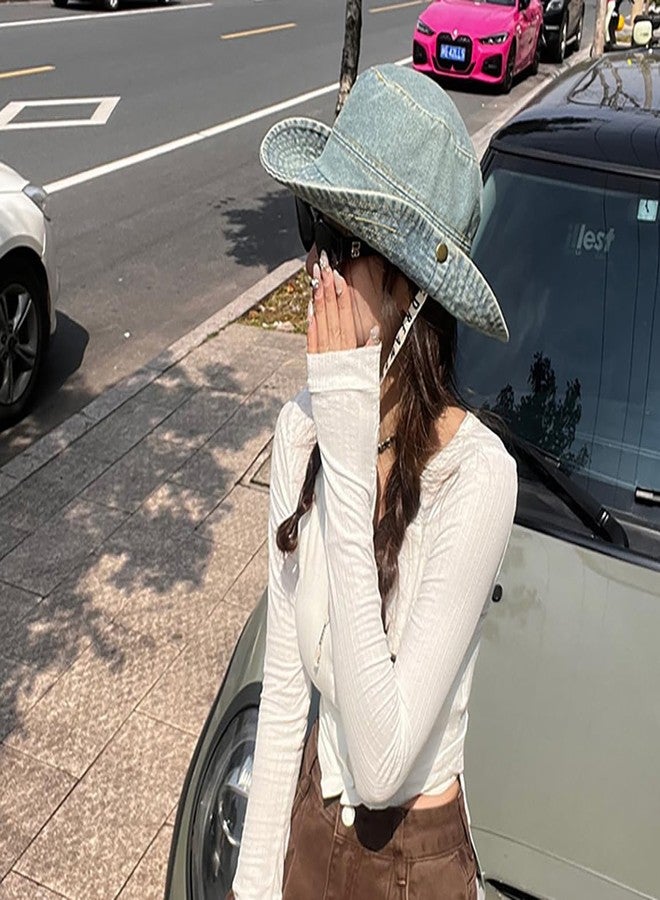 روينو قبعة دلو نسائية من روينو، قبعة شمسية للشاطئ مناسبة للسفر في الصيف، مصنوعة من القطن بنقشة مربعات ملونة، قابلة للطي، لون أزرق رعاة البقر، مقاس واحد (M). - Image 2