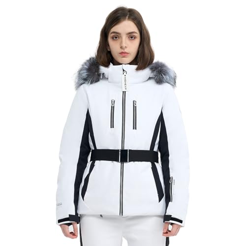 HIGH EXPERIENCE Women Ski Jacket Snowboard Fitted Slim Fit Short Snow Coat Belted Mountain Waterproof Insulated Warm Winter (US, Alpha, Medium, Regular, Regular, White) - Image 1