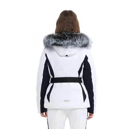 HIGH EXPERIENCE Women Ski Jacket Snowboard Fitted Slim Fit Short Snow Coat Belted Mountain Waterproof Insulated Warm Winter (US, Alpha, Medium, Regular, Regular, White) - Image 2