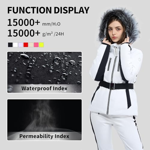 HIGH EXPERIENCE Women Ski Jacket Snowboard Fitted Slim Fit Short Snow Coat Belted Mountain Waterproof Insulated Warm Winter (US, Alpha, Medium, Regular, Regular, White) - Image 4