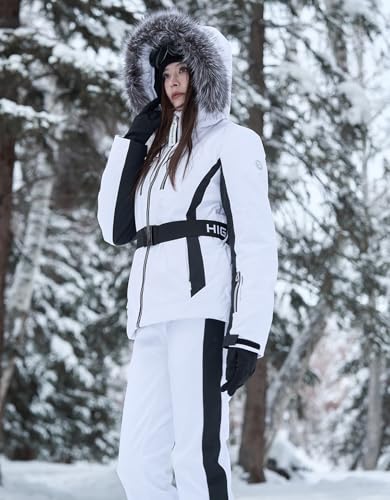 HIGH EXPERIENCE Women Ski Jacket Snowboard Fitted Slim Fit Short Snow Coat Belted Mountain Waterproof Insulated Warm Winter (US, Alpha, Medium, Regular, Regular, White) - Image 3