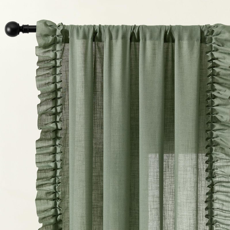 TERLYTEX Dark Sage Green Ruffle Curtains 72 Inch Length, 2 Panels, W58 x L72 In, Linen Textured Boho Farmhouse Scalloped Curtains for Living Room, Rod Pocket Privacy Light Filtering Semi-Sheer Cottage Curtain - Image 3