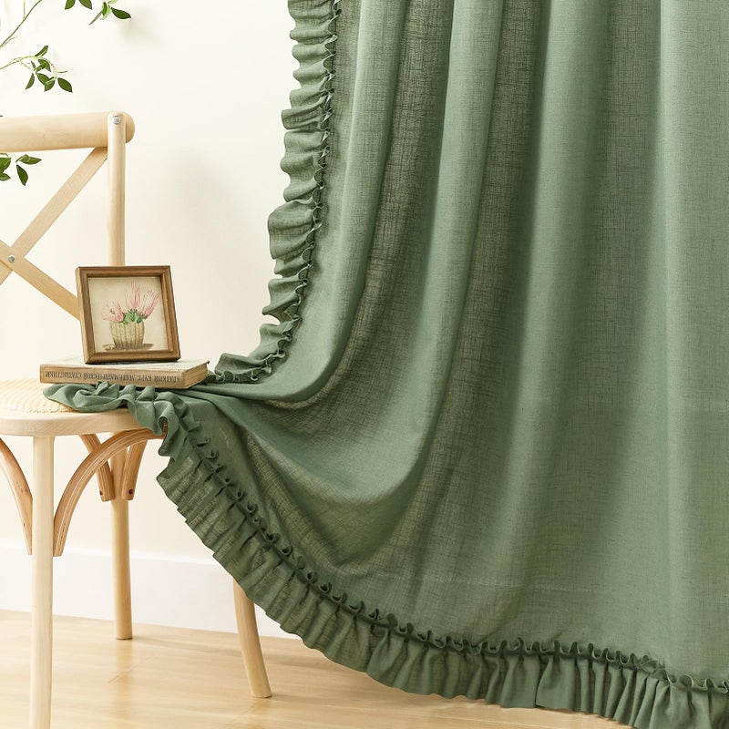 TERLYTEX Dark Sage Green Ruffle Curtains 72 Inch Length, 2 Panels, W58 x L72 In, Linen Textured Boho Farmhouse Scalloped Curtains for Living Room, Rod Pocket Privacy Light Filtering Semi-Sheer Cottage Curtain - Image 5