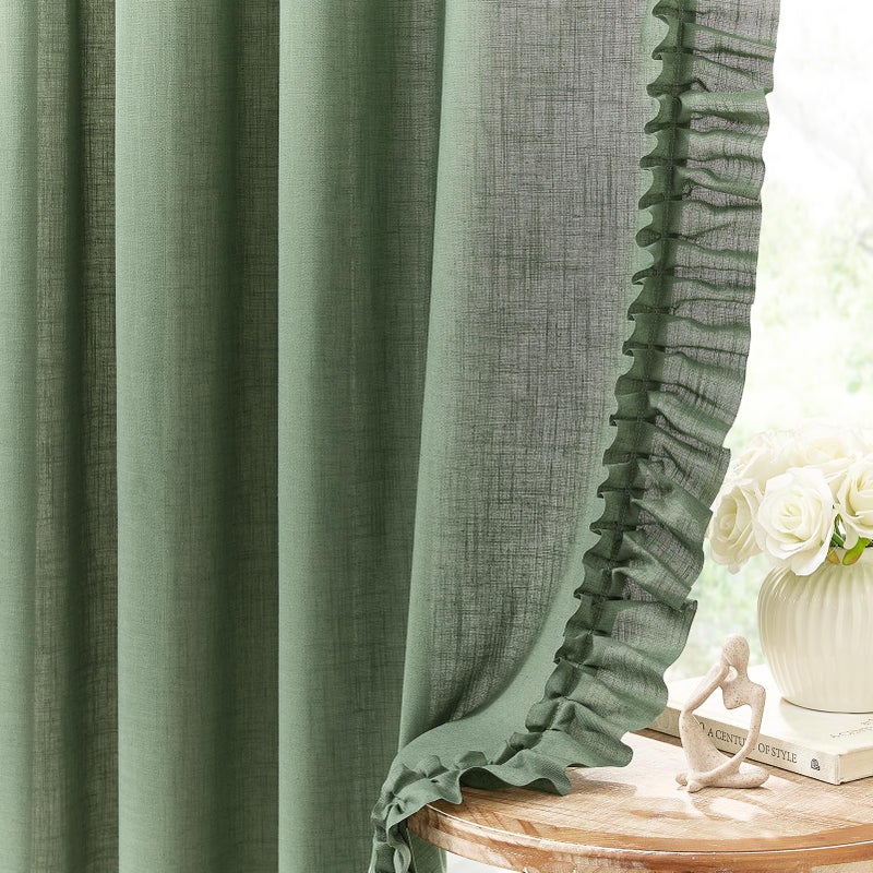 TERLYTEX Dark Sage Green Ruffle Curtains 72 Inch Length, 2 Panels, W58 x L72 In, Linen Textured Boho Farmhouse Scalloped Curtains for Living Room, Rod Pocket Privacy Light Filtering Semi-Sheer Cottage Curtain - Image 1