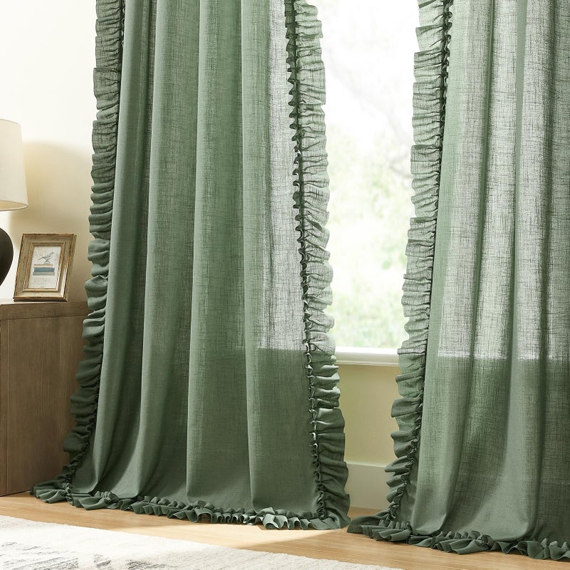 TERLYTEX Dark Sage Green Ruffle Curtains 72 Inch Length, 2 Panels, W58 x L72 In, Linen Textured Boho Farmhouse Scalloped Curtains for Living Room, Rod Pocket Privacy Light Filtering Semi-Sheer Cottage Curtain - Image 4