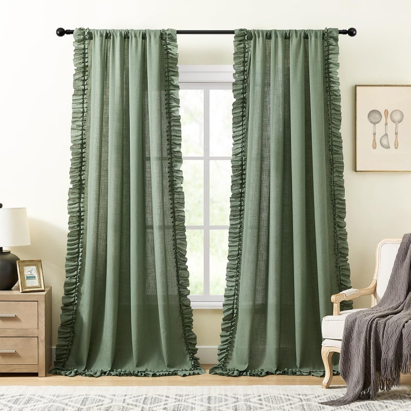 TERLYTEX Dark Sage Green Ruffle Curtains 72 Inch Length, 2 Panels, W58 x L72 In, Linen Textured Boho Farmhouse Scalloped Curtains for Living Room, Rod Pocket Privacy Light Filtering Semi-Sheer Cottage Curtain - Image 2