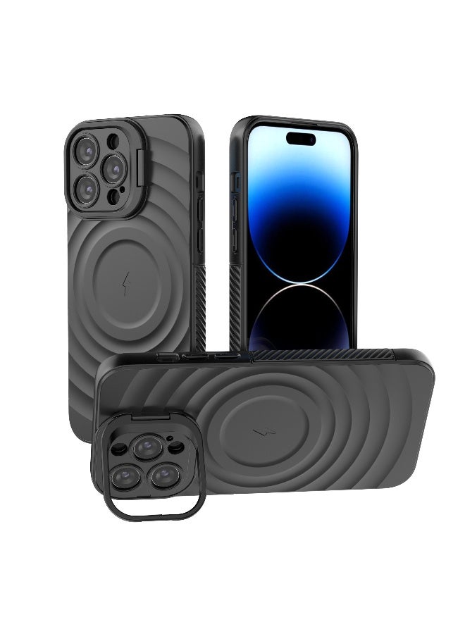 Cover For iPhone 14 Pro Max Magnetic Phone Corrugated Anti Drop Full Lens Coverage Phone Case with Holder Stand - Black - Image 1
