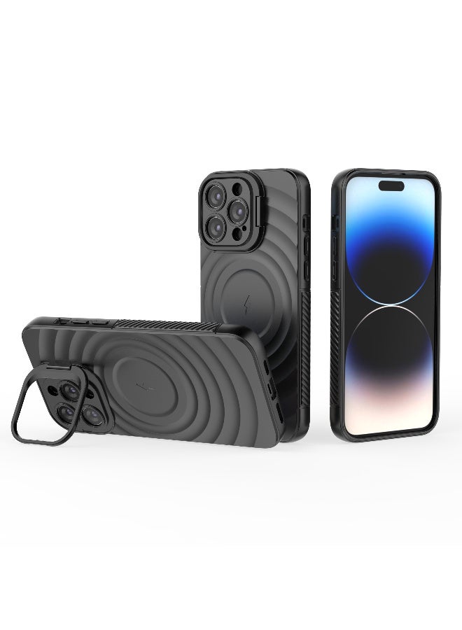 Cover For iPhone 14 Pro Max Magnetic Phone Corrugated Anti Drop Full Lens Coverage Phone Case with Holder Stand - Black - Image 4