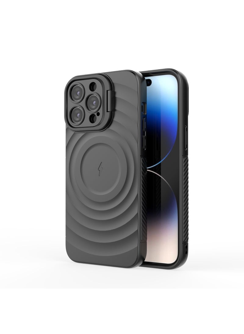 Cover For iPhone 14 Pro Max Magnetic Phone Corrugated Anti Drop Full Lens Coverage Phone Case with Holder Stand - Black - Image 3