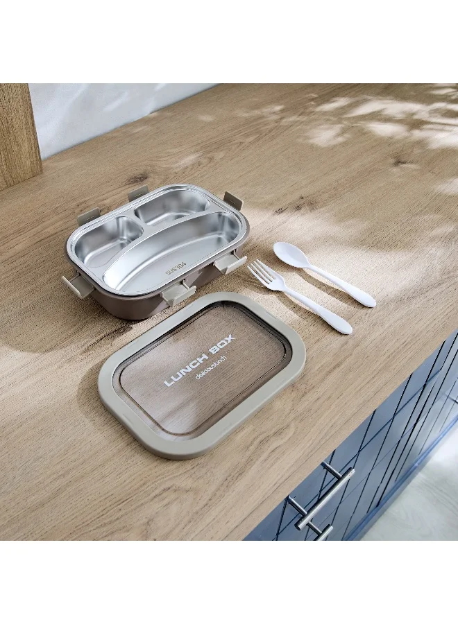 Home Box Ezra 3-Grid Stainless Steel Lunch Box with Spoon and Fork - 850 ml