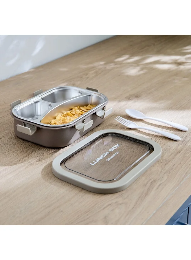 Home Box Ezra 3-Grid Stainless Steel Lunch Box with Spoon and Fork - 850 ml
