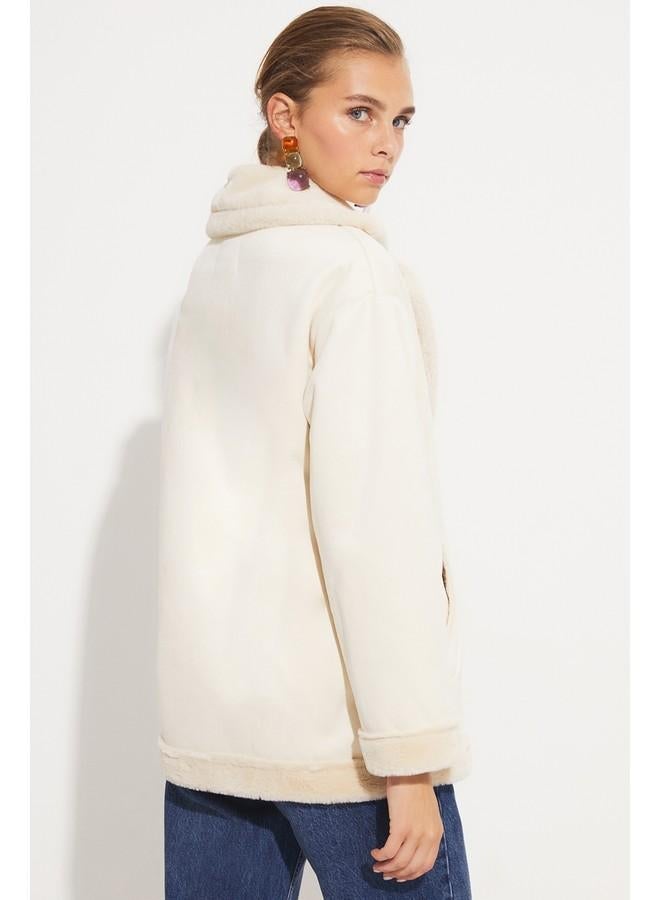 June Pu Fur Buttoned Biker Coat Beige - Image 4