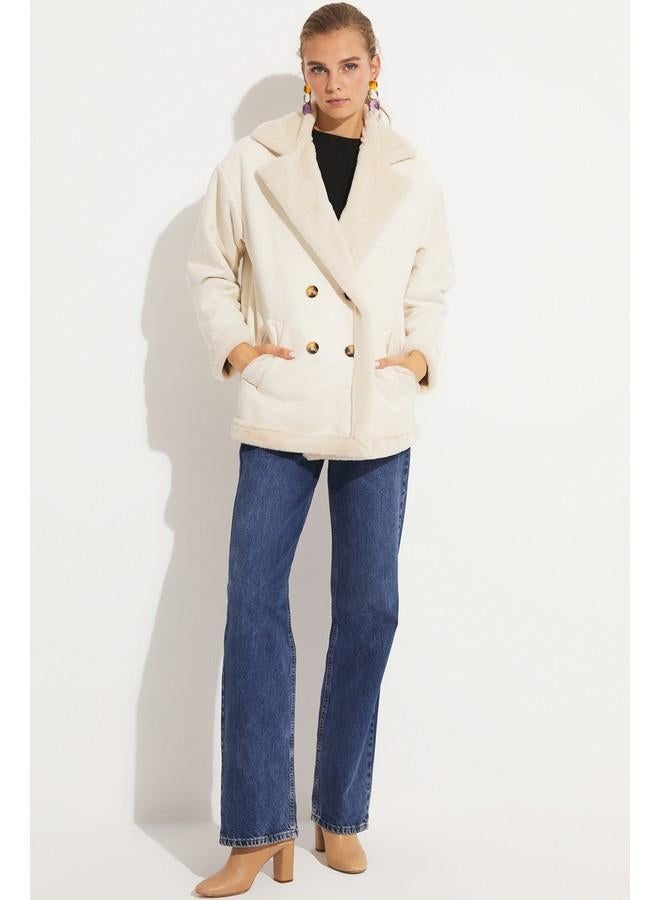 June Pu Fur Buttoned Biker Coat Beige - Image 5