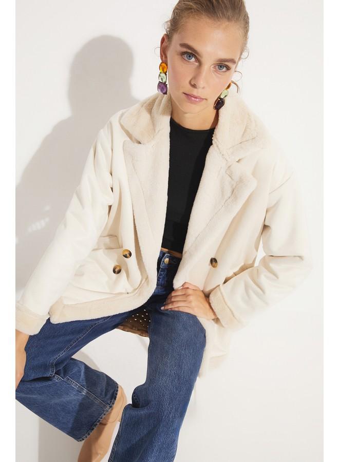 June Pu Fur Buttoned Biker Coat Beige - Image 1