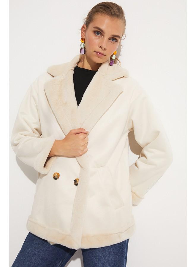 June Pu Fur Buttoned Biker Coat Beige - Image 2