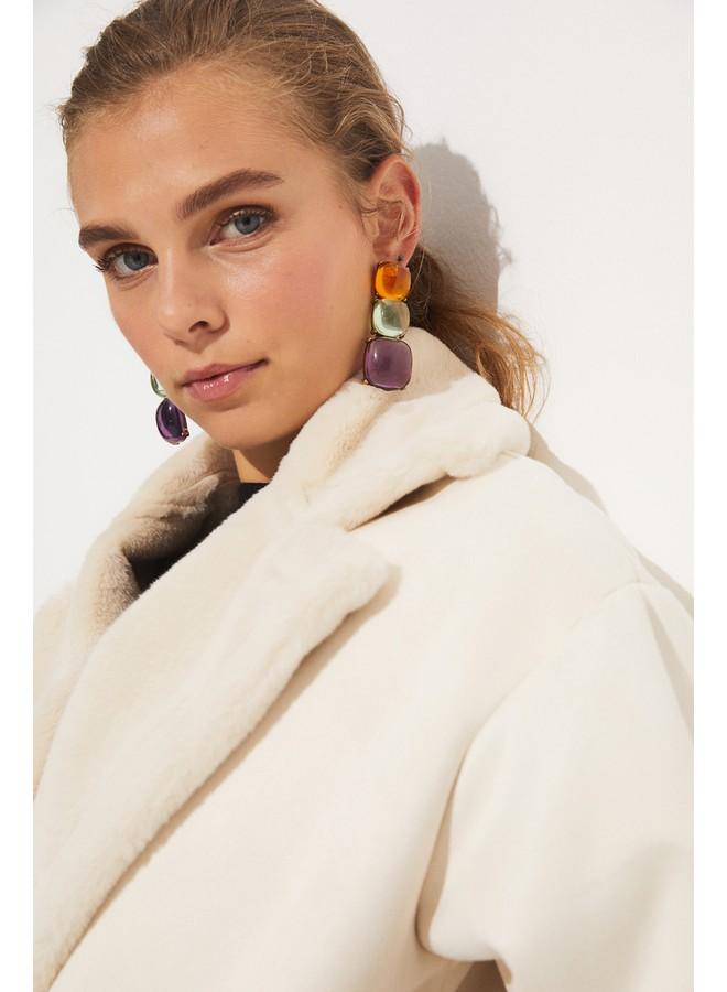 June Pu Fur Buttoned Biker Coat Beige - Image 3